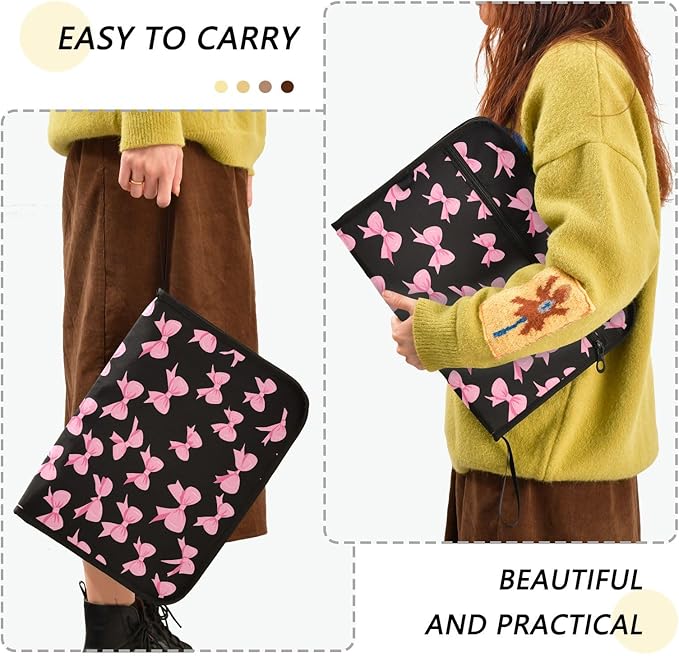 Pink Bow Black Background Pattern 13 Pocket File Organizer Expanding File Folder with Front Pouch Portable Business File Storage Document Organizer Folder with Zipper
