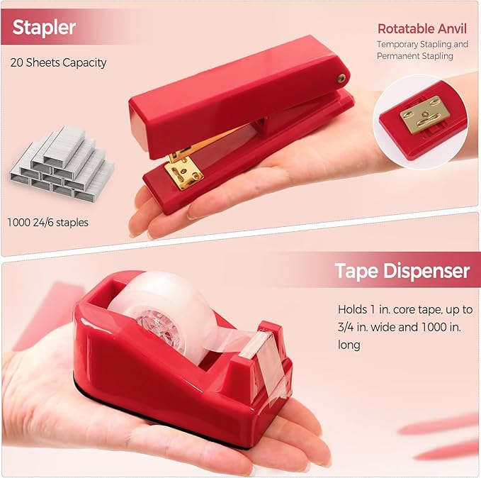 SKYDUE Red Office Supplies Set, Desk Accessories, Stapler, Tape Dispenser, Scissors, Binder/Paper Clips and 1000pcs Staples, Office Decor for Women