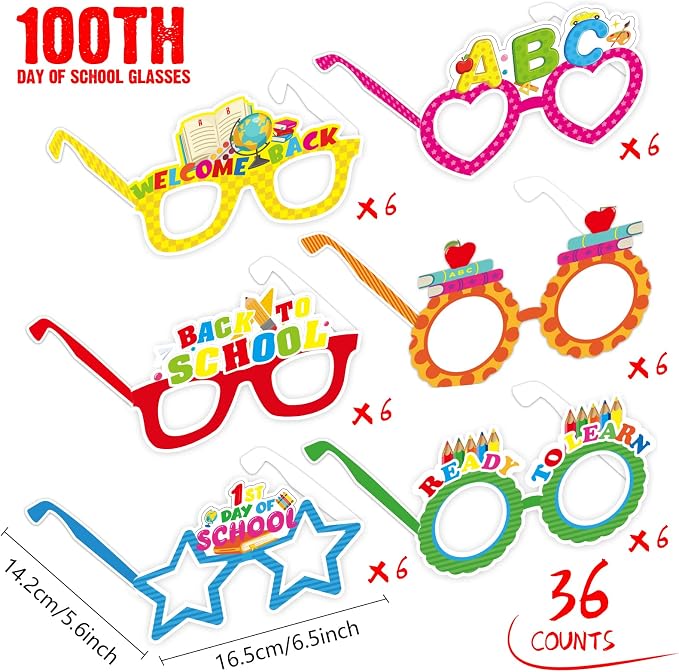 chiazllta 36 Pcs Back to Glasses First Day Of Decorations for Happy Welcome 1st Day Paper Glasses Favors Gifts Preschoo Eyeglasses Students Supplies