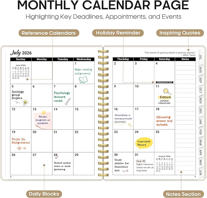 Planner 2026-2027, 8.5" x 11" Weekly and Monthly Academic Year Planner Calendar, July 2026 - June 2027, Hardcover Large School Planning Agenda With Tabs, Perfect for School & Office Supplies, A4, Beige