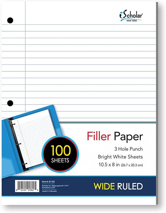iScholar Wide Ruled Filler Paper, White, 10.5 x 8-Inches, 100 Sheets per Pack (81100)
