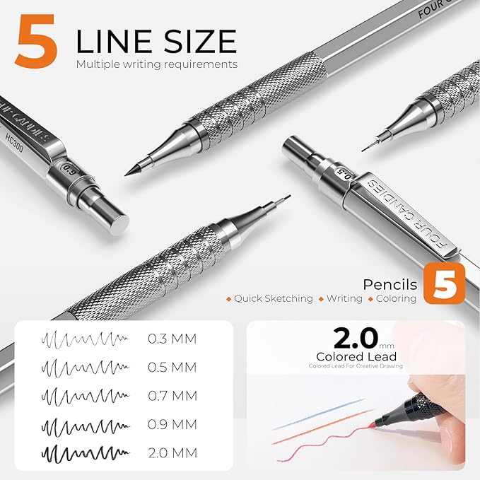 Four Candies Metal Mechanical Pencil Set, 4PCS 0.3, 0.5, 0.7, 0.9MM Mechanical Pencils & 2MM Drawing Pencil with 9 Tubes Lead Refills (4B 2B HB 2H Color) for Student Writing Artist Sketching - Silver