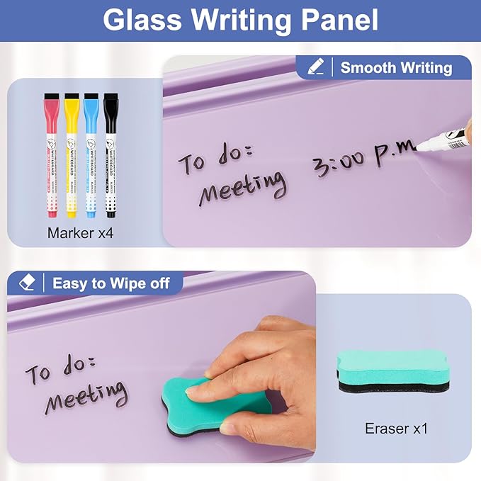 DOLLAR BOSS 12''x7'' Glass Desktop Whiteboard Small Dry Erase Board with Storage Drawer Computer Keyboard Stand Desk Organizer Office Accessories School Supplies with 4 Markers, Purple
