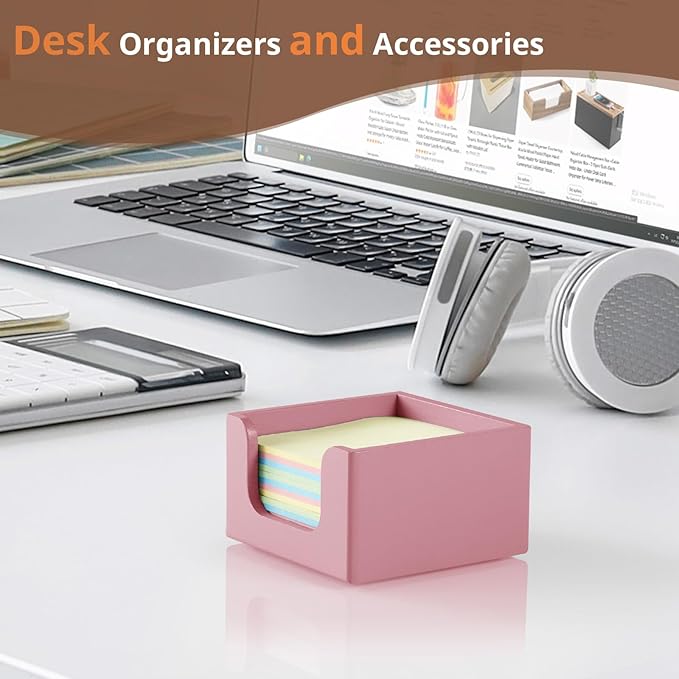 Sticky Note Holder, Wooden Note Dispenser for Office Desk Accessories, Self Stick Note Pad Holder, Memo Pad Holder Dispenser Organizer for School Office Desk Supplies, Pink
