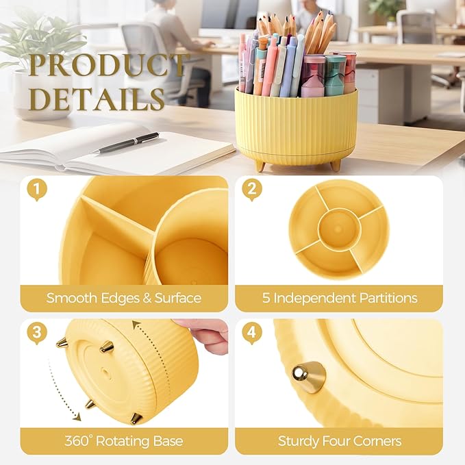 KONVINIT Pencil Pen Holder for Desk, 5 Slots 360-Degree Rotating Desktop Organizer, Cute Desk Organizers and Accessories for School, Home, Office and Art Supply, Yellow