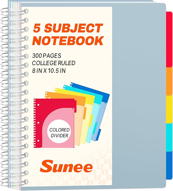 SUNEE Spiral Notebooks for Work with Removable Dividers & Tabs – College Ruled 5 Subject, 300 Pages, 3 Hole Punched, Durable PP Cover, 8"x10.5" – Notebooks for Office or School, Grey Blue