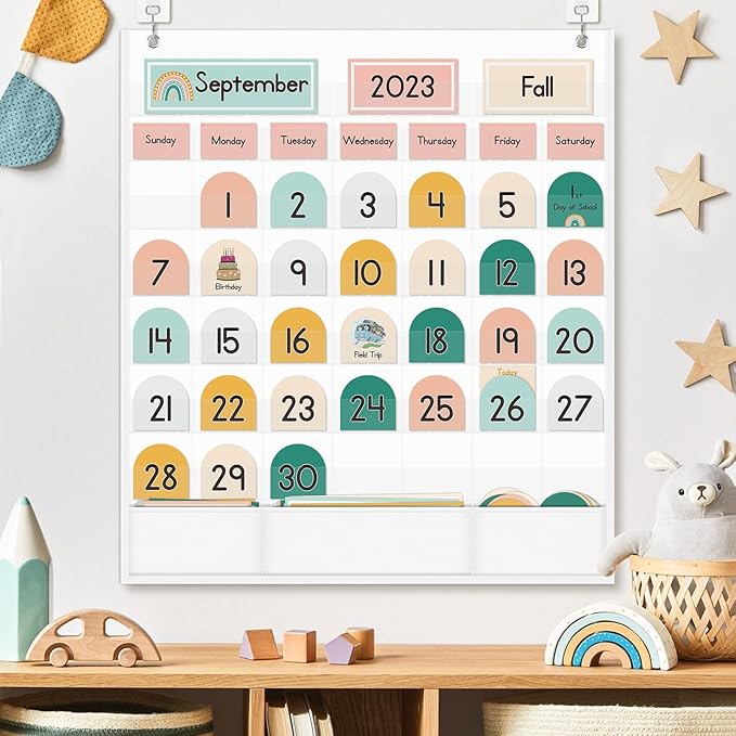 Eamay Boho Calendar Pocket Chart with 90 Cards for Kids Learning,Classroom and Home School Décor,White