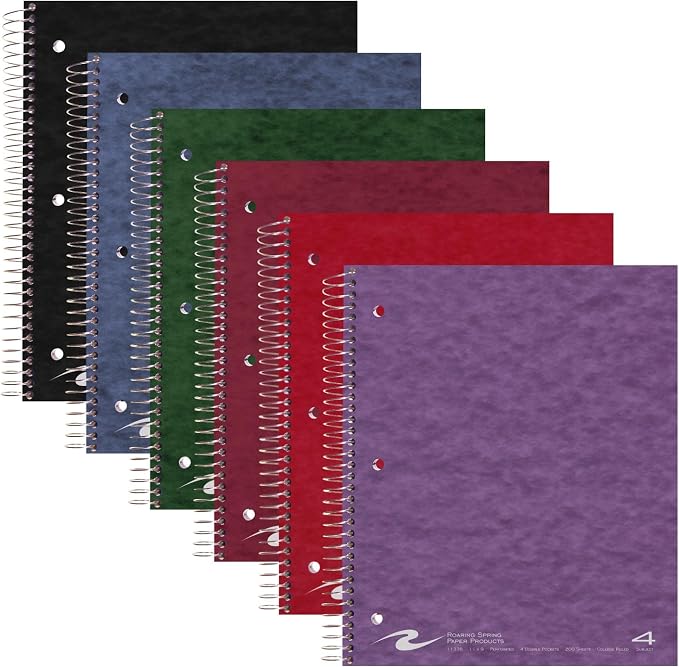 ROARING SPRING 4 Subject Spiral Notebook, 12 Pack, 11" x 9", College Ruled, 200 Perforated Sheets, Assorted Eco Press Covers, 4 Double Storage Pockets, Made in USA
