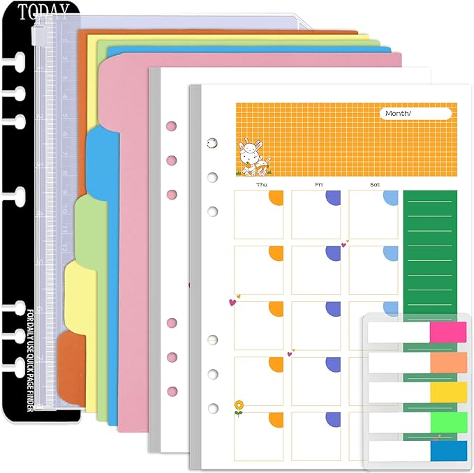 Rancco A5 Planner Inserts Monthly Planner Refills, 90 Pages Colorful 6-Ring Loose-leaf Monthly Binder Paper w/Divider, PVC Pouch, Ruler, Index Tab for Journal, Filofax, Double-sided, Undated,8.3x5.6"