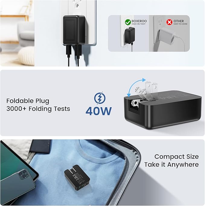 40W Flat USB C Wall Charger, 4Ports Foldable & Slim Fast Charging Blocks, Multiport Type C Cube Box Power Adapter Plug, Boxeroo USB C Charger Block Brick for iPhone Samsung Tablet (Black)