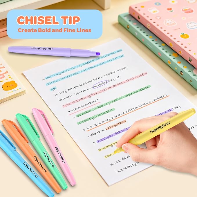 48 Count Pastel Highlighters Bulk - 6 Assorted Soft Colors, Chisel Tip, No Bleed & Quick Dry, Ideal for Note Taking, Studying, School, Office, Student & Teacher Supplies
