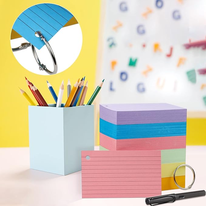Tecmisse 600 Pieces Index Cards Rulded, Colorful Flash Cards 3 x 5 Index Card with Rings, Heavy Study Cards, Note Cards Punched for School Learning, Office and Home Uses (6-Color Thickened)