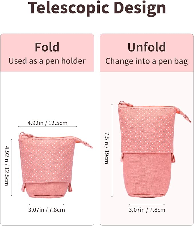 Sooez Standing Pencil Case, Cute Stand up Pencil Pouch, Telescopic Pen Pouch, Portable Pencil Holder, Kawaii Stand up Pencil Case, Spacious Pencil Pouch Bag for School Office Supplies, Pink