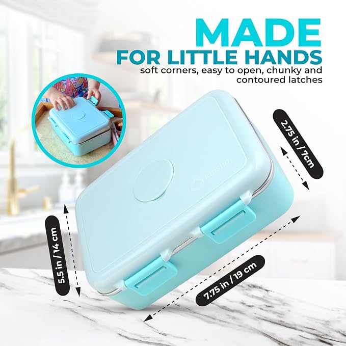kinsho Small Stainless Steel Bento Box Lunch Container Baby Toddlers, Green | Small Bento, 3 Eco Metal Portion Sections, Silicone Seals, Leakproof Lid, Spill-Proof Meal Container for Pre-School & Daycare