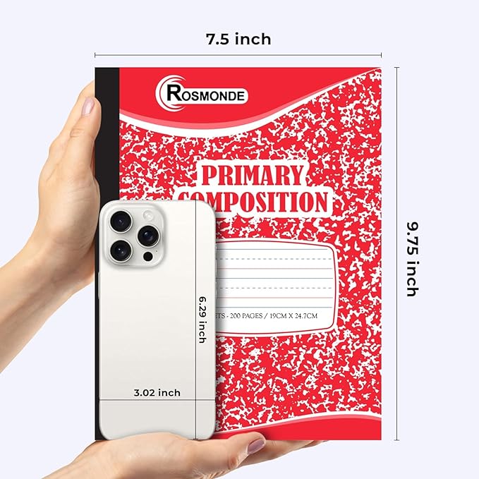 Rosmonde 50 Pack Bulk Primary Composition Notebooks, 200 Pages (100 Sheets), 9-3/4" x 7-1/2", Grades K-2, Primary Ruled Composition Notebook, Bulk Writing Journal, Hardcover, Assorted Marble