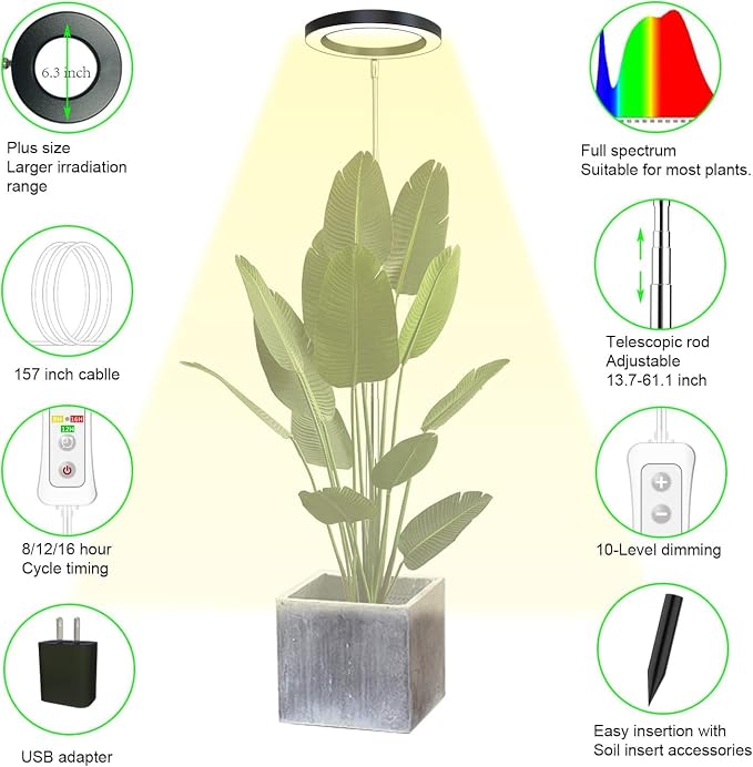 Plant Grow Light,LED Growing Light Full Spectrum for Indoor Plants,Aluminum Black Plant Lights,Height Adjustable, Automatic Timer, 5V Low Safe Voltage