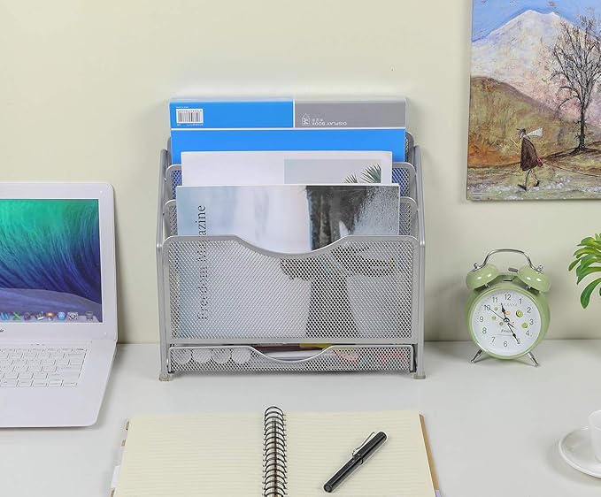EasyPAG Mesh Desk Paper Organizer Wall Hanging File Holder with 3 Upright File Rack and Sliding Drawer,Silver
