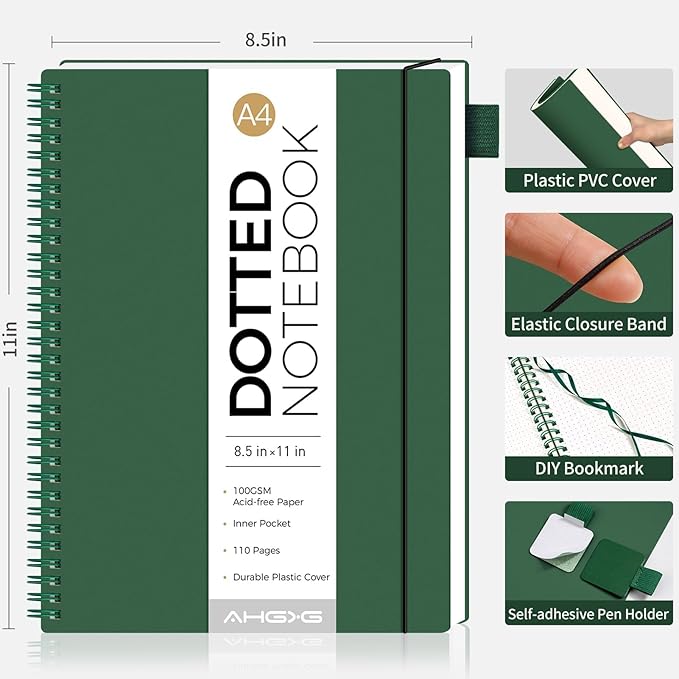 AHGXG Dotted Journal - Dot Grid Spiral Notebook 8.5" x 11", A4 Large Dotted Notebook, 100 GSM Thick Paper, Waterproof Plastic Cover Journals for Journaling, Sketching, Dark Green