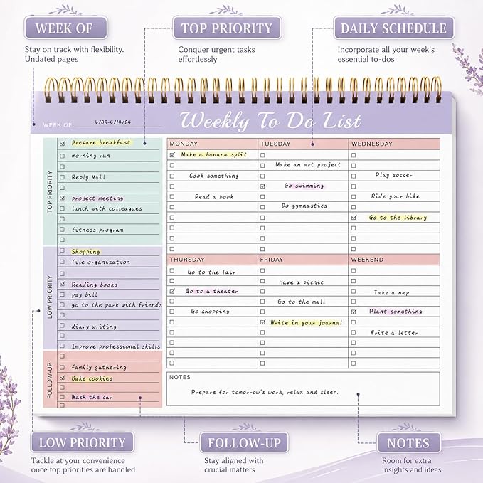 Weekly To Do List Notepad with 52 Undated Sheets（8.5"×11"）- Weekly Desk Planner Pad with Spiral Binding for Women & Man, Office, School and Home Personal Organizer