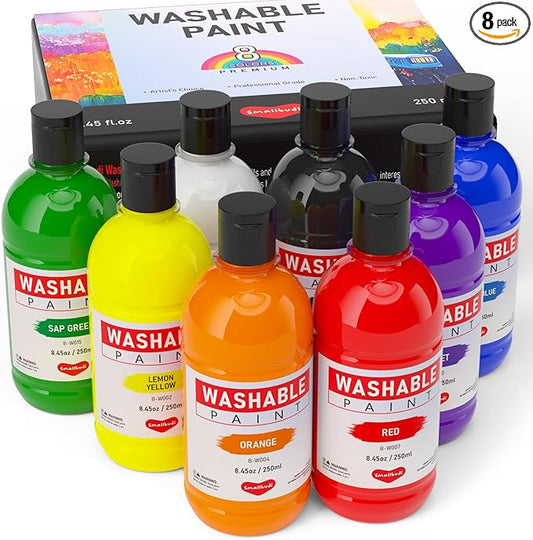 Smallbudi 8 Colors Large Washable Paint Set for Kid (8.45oz,250 ml), Bulk Paint Supplies Non Toxic Children Tempera Paint for Art, Craft, DIY, Poster & Finger Paint, Face, School Home Classroom Party