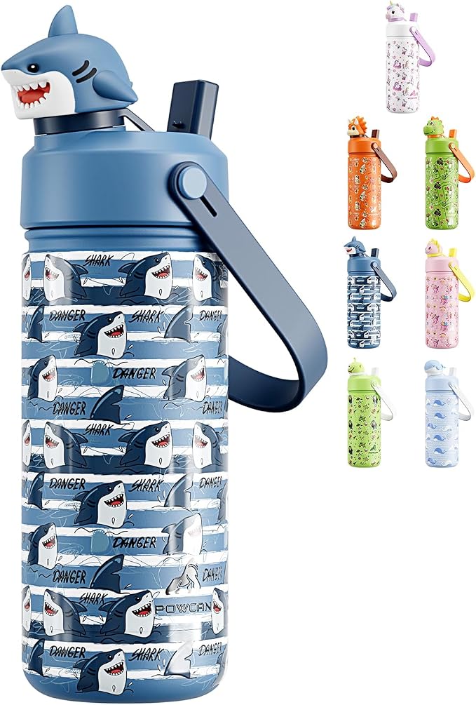 POWCAN 18 oz Insulated Water Bottle for School: 2-in-1 Straw Spout Lid with Soft Animal Head, Leakproof, BPA-Free, Keep Cold 24H, Easy Carry, Stainless Steel Cup for Kids, Boys, Girls (Baby Shark)