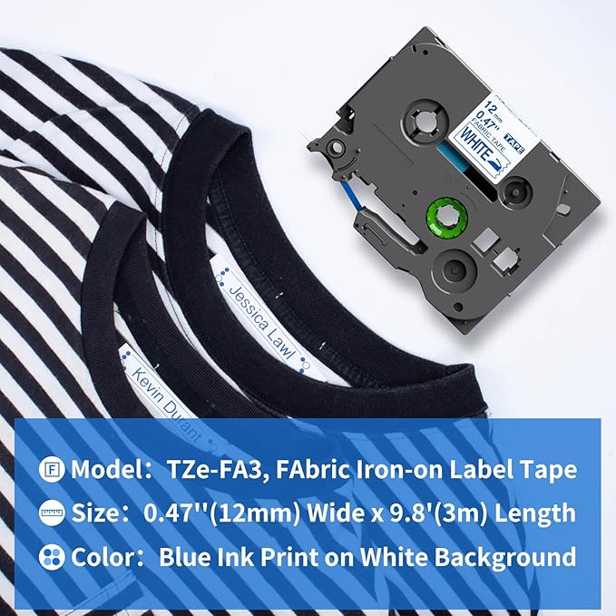 COLORWING Fabric Tape TZe-FA3 Compatible Brother Iron on Label Tape Blue on White TZ 12mm 0.47", for Brother P Touch PT-D210 PT-D220 PT-D400 PT-1280 Label Maker, 3-Pack