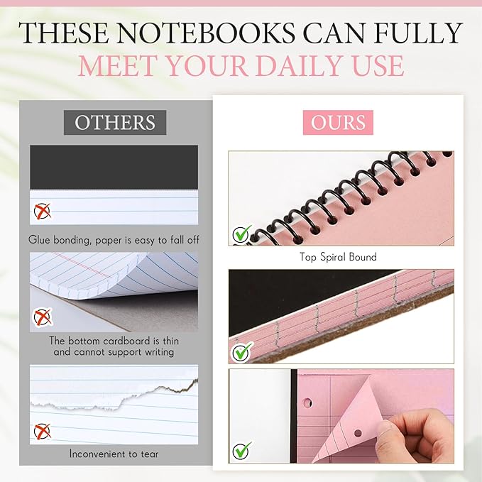 MotiMind 3 Pack 8.5" x 11" Top Spiral Notebook with 3 Hole Punched Pink Legal Pads College Ruled Notepad 50 Sheets Hard Cardboard Paper Wirebound Notepad for Office School Business