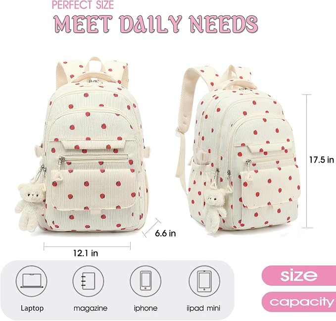 PRLINJSK Girls Backpack for College High Middle School Student, Cute Aesthetic Bookbag for Teens Women with Accessories, Beige Strawberry