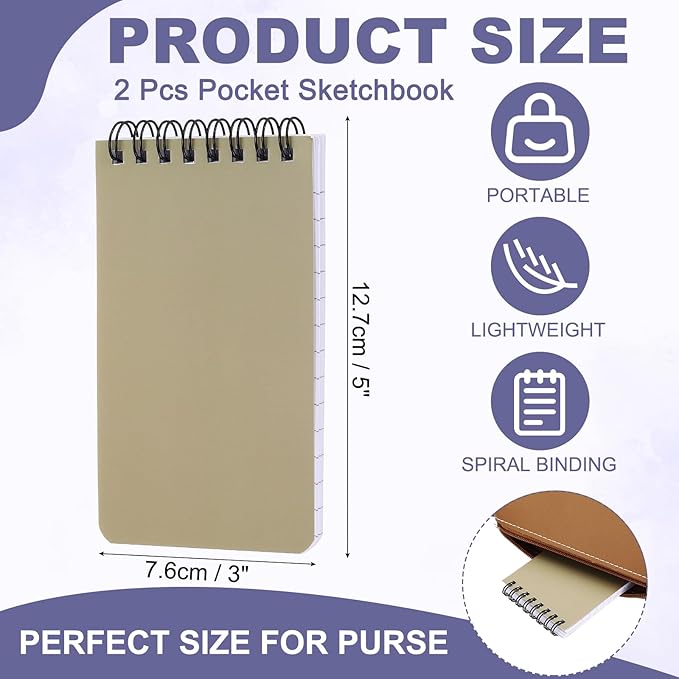 PATIKIL 3x5" Pocket Sketchbook, 2 Pcs Top Spiral Notebook Mini Lined Notebook Memo Pads 80GSM 60 Sheets/120 Pages Hard Cover Portable for Office Outdoor Travel Journal Draw, Beige