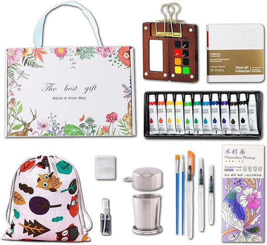 Mini Wooden Watercolor Paint Set - Pocket Travel Art Kit with 12 Colors, Portable Palette with Brushes, Clip, Sketchbook, Wristband, Cup, Storage Bag & Bookmarks, Gift for Art Lovers Artists