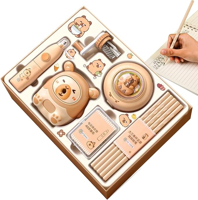 Capybara Stationery Set, Kids Stationery Kit, Colorful School Supplies for Students, Electric Eraser Pencils, Animal Pencil Sharpener, Homeschool Classroom for Elementary and Middle School