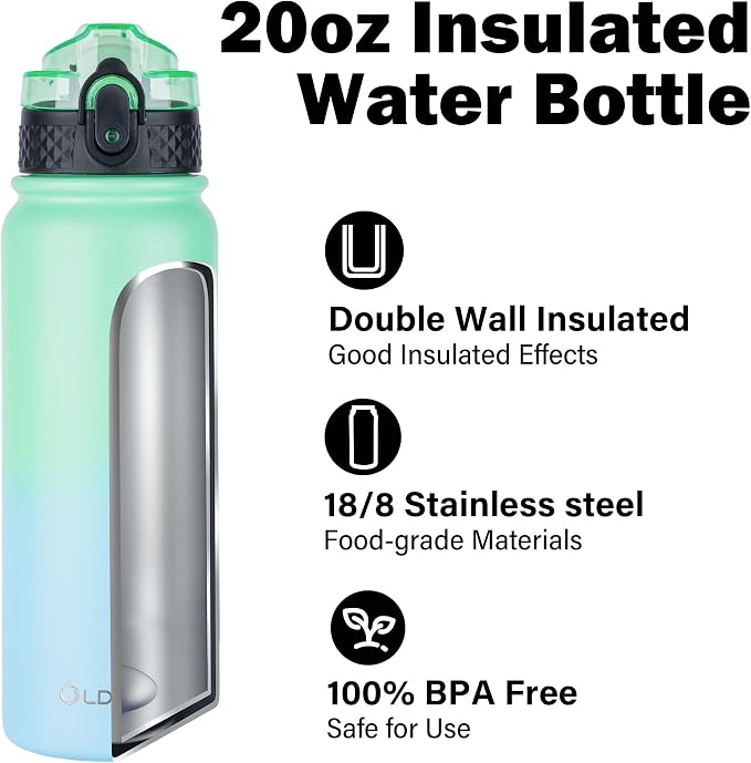 Oldley Insulated Water Bottle 20oz Water Bottles with Straw, Stainless Steel Water Bottle with 3 Lids, Double Wall Vacuum Bottles for Adult Kids, Sports Bottles for School Travel, Leaf Green-Blue