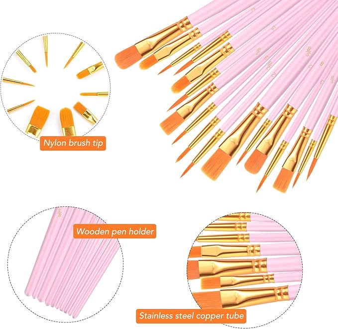 Acrylic Paint Brush Set, (20 Packs /200 pcs) Nylon Hair Brushes for Oil and Watercolor, Perfect Suit of Art Painting, Best Present for Painting, Pink