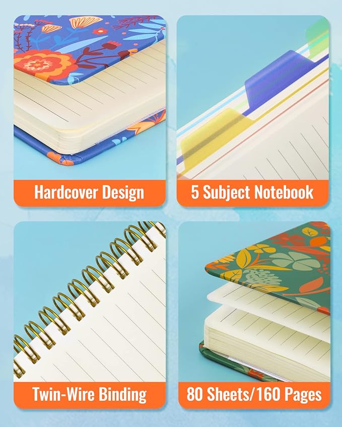 Dynta Spiral Notebooks 5 Subject 5-Pack College Ruled Hardcover with Removable Dividers 160 Pages/80 Sheets Each, A5(8.5 "x 5.7") Cute Blooming Floral, for Students Office Business Diary Book