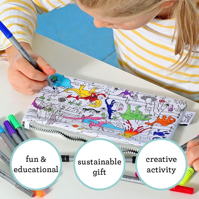eatsleepdoodle DIY Coloring Dinosaur Pencil Case for Kids with 10pcs Washable Markers, Reusable Art Supply Organizer, Fun Arts & Crafts Activity for Boys & Girls, Creative Gift Idea for Ages