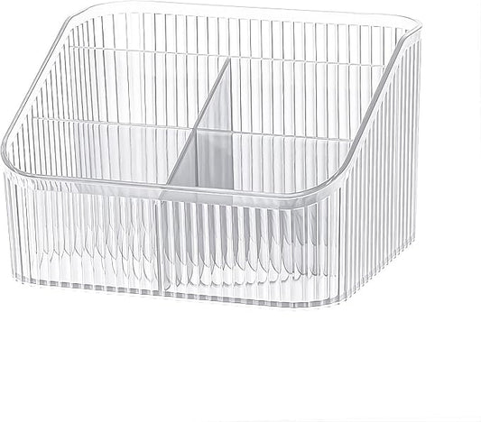 DASITON Large Capacity Makeup Brush Holder,5 Slot Makeup Brush Cup,Vintage striped Make Up Brush Holder,for Vanity Decor,Bathroom Countertops,Desk Storage Container,Cosmetic Display cases(Clear-L)