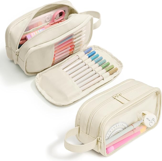 SUNEE Large Capacity Pencil Case with 3 Compartment, Extra Big Pencil Pouch, Pencil Bag with Clear Window, Pen Case School Supplies for Teens Adults Girls Boys,Beige