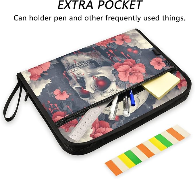 Skull Head with Flower 13 Pocket File Organizer Expanding File Folder with Front Pouch Portable Business Fire Storage Document Organizer Folder with Zipper