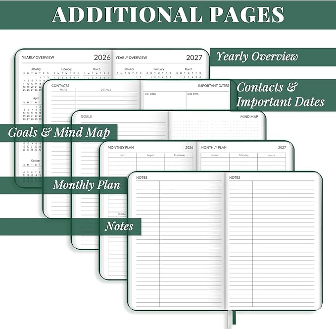 Lonely Oak Academic Planner 2026-2027, A5 Daily Weekly and Monthly Planner 5.75" x 8.4", 13 Months Faux Leather School Year Agenda from Jul.2026 to Jul.2027 for Student and Teacher (Green)