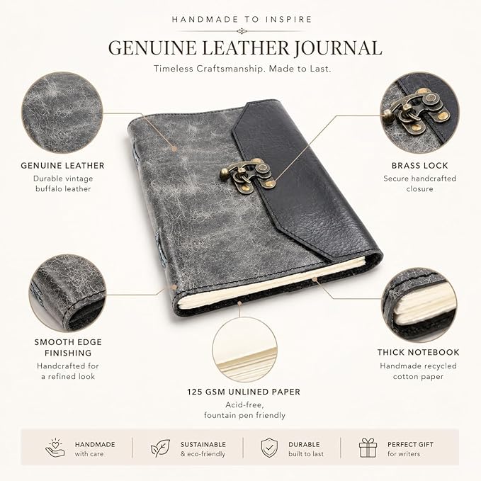 Leather Journal Notebook Recycled Notebook with Antique Metal Closure 200 Unlined Cotton Pages Notebook 125 GSM 6X8inch, Gift for Writer