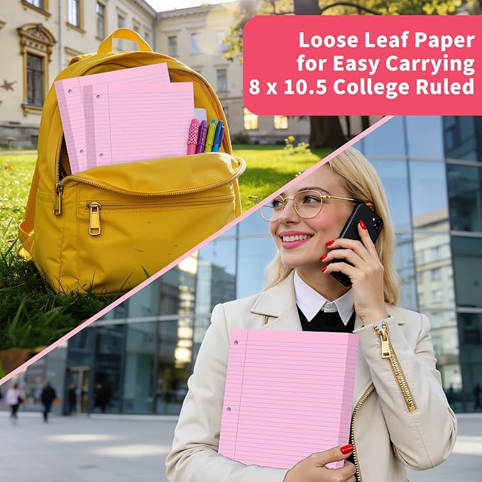 Pink Loose Leaf Paper 120 Sheets Pink Paper 8" x 10.5" College Ruled Notebook Paper Filler Paper 3-Hole Punched Lined Paper for 3-Ring Binders 8 x 10-1/2 Binder Paper for Home School Office Supplies