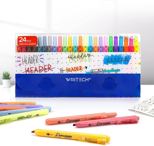 WRITECH Retractable Highlighters Chisel Tip: Assorted Colors 24ct Set | Multi Color Ink Mild Vintage Neon Pastel Big Pack No Bleed & Smear for Highlighting Journaling Drawing Coloring Note-taking