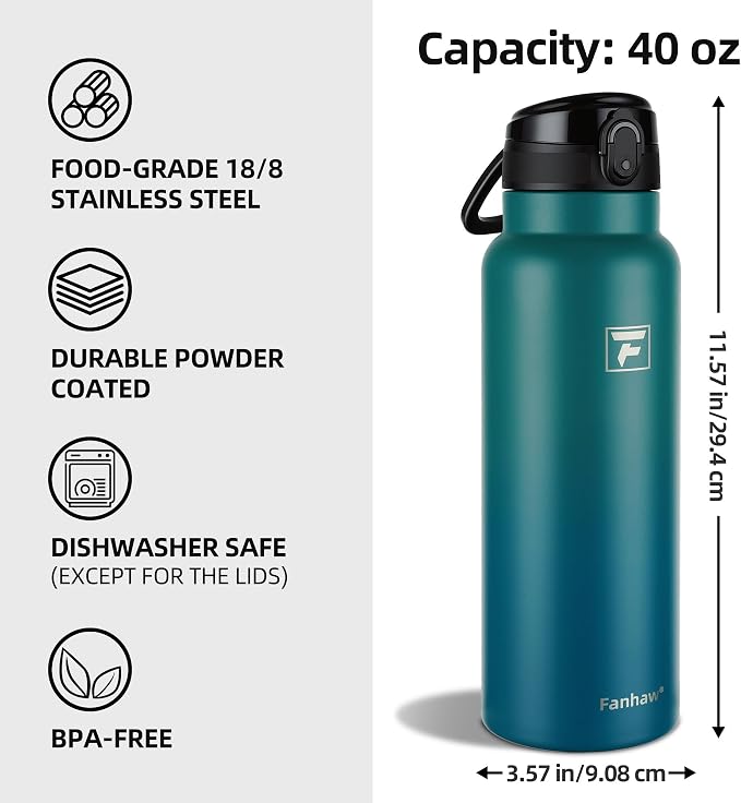 Fanhaw 40 Oz Insulated Stainless Steel Water Bottle with Chug Lid – Wide Mouth, Leak-Proof, BPA-Free – Ideal for Kids, Adults, Sports, Gym, and Outdoor Use (Green Blue)