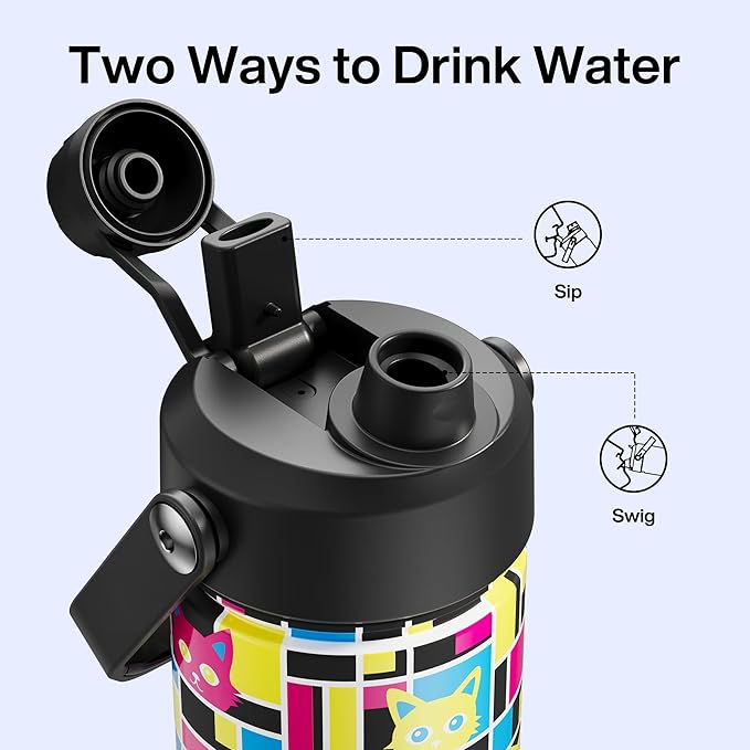ENCOOL Insulated Water Bottle with Straw Stainless Steel Water Bottle, Leak-Proof, BPA-Free, Double Wall Vacuum Keeps Cold for 24 Hours for Sports, Travel, School (26 oz, Mosaic Cats)