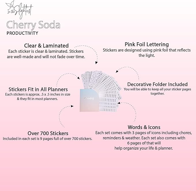 Student Planner Stickers - Clear Medium Pink Foil - School - Study - Icons - Tests - Homework - Over 600 Stickers - Folder Included - Minimal - Cherry Soda