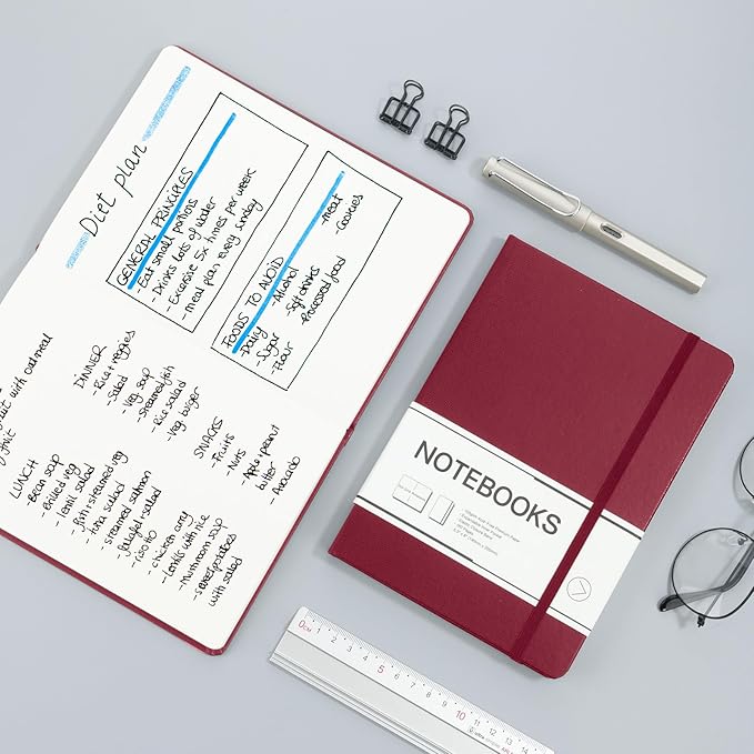 M&G Dotted Journal Notebook, 160 Pages A5 Hardcover Leather Journal for Men Women, 100GSM Thick College Ruled Paper for School and Work Note Taking 5.6" x 8", Burgundy