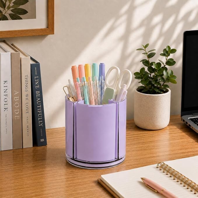 360° Rotating Pen Holder for Desk Adjustable Pencil Organizer, Purple | Plastic Pen Cup for Women Cute Office Supplies and Accessories Desktop Storage Box Art Caddy for School, Work, Home