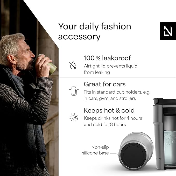 LARS NYSØM Thermo Coffee Mug to go 17oz | Travel Mug 0.5 Liter with Insulation | Silicone grip base | Leak Proof Stainless Steel Tumbler for Coffee and Tea on the Go (Powder Steel, 17oz)