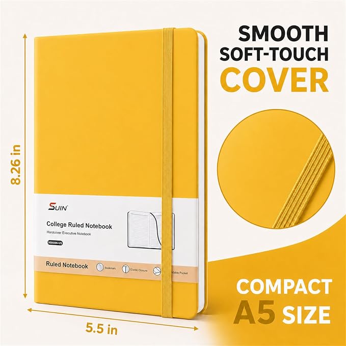 SUIN A5 Hardcover Lined Journal Notebook, 200 Pages, Yellow, 1 Pack
