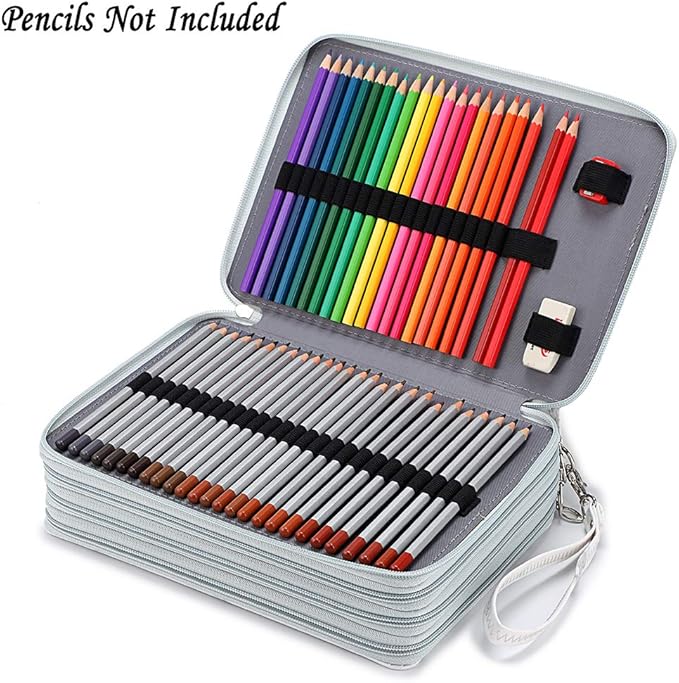 BTSKY 200 Slots Colored Pencil Organizer - Deluxe PU Leather Pencil Case Holder With Removal Handle Strap Pencil Box Large for Colored Pencils Watercolor Pencils White Marble